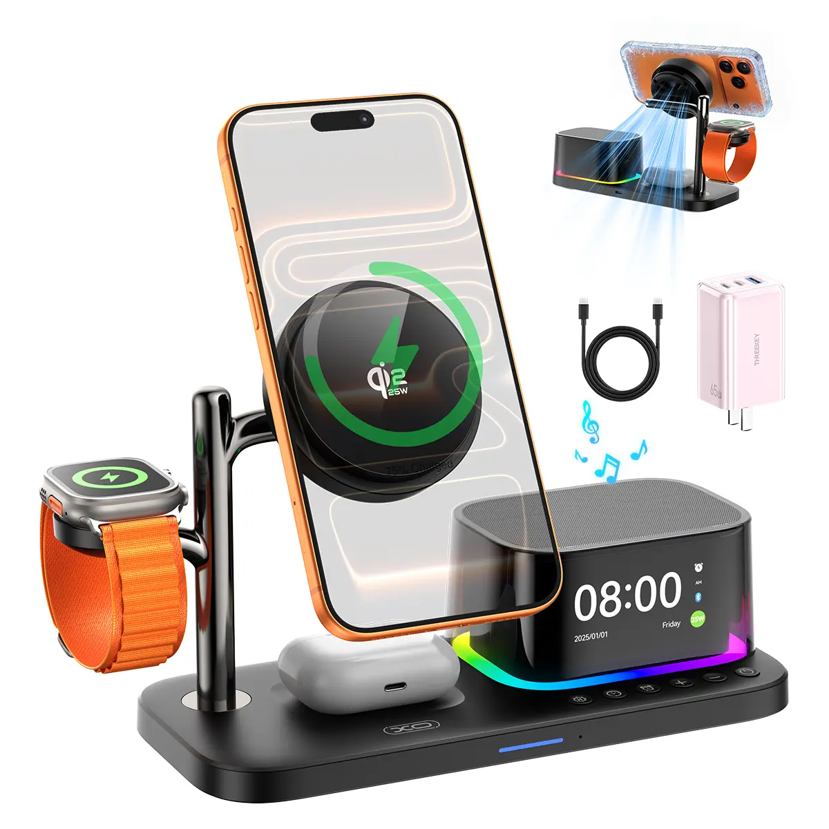 5-in-1 MagSafe Charging Station with 65W Fast Charger, Bluetooth Speaker & Alarm Clock — Wireless Charging Dock with Cooling Fan, Night Light & 360° Stereo Sound, Compatible with iPhone 17/16/15/14, Galaxy S26 Ultra, Apple Watch & AirPods