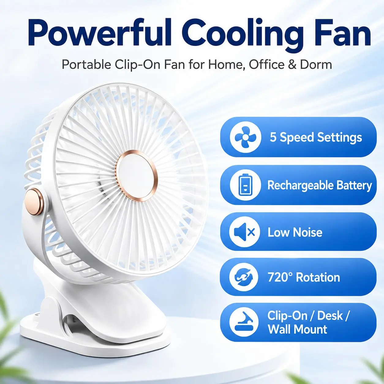 5-Speed USB Clip-On Desk Fan, Compact Personal Cooling Fan with Adjustable Angle for Office, Dorm Room, Bedroom, Study Desk and Bedside