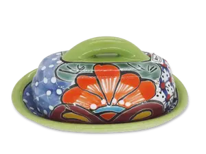 Butter Dish Ceramic Talavera with Lid Hand Painted (Green)