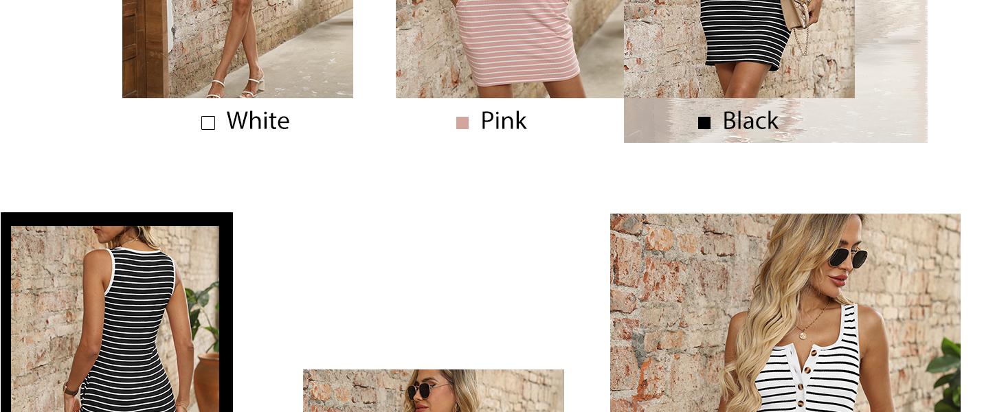 YORA Women's Square Neck Sleeveless Striped Henley Casual Basic Summer Tunic Bodycon Mini Dresses with Pockets