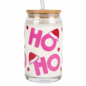 Ho Ho Santa Color Changing Christmas Glass Cup with Lid and Straw 16 oz Transparent Tumblers Mug Bottles Reusable Portable Washable