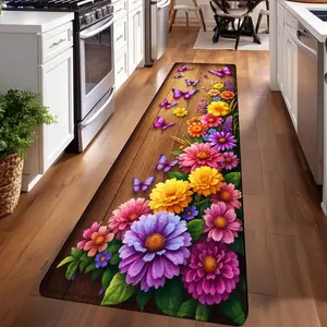 1PC, Spring Purple Pink Butterfly Flower Cluster Patterned strip rugs, Floral washable rug, home décor, bathroom mats, entryway mats, kitchen mats, hallway rugs, flannel sponge rugs