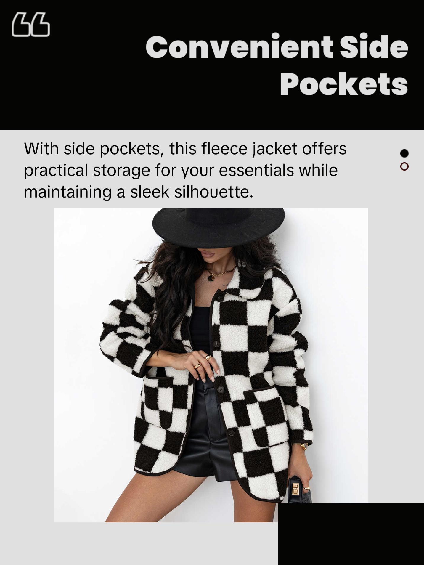 Cali Chic Women Jackets Black Checkered Side Pockets Collared Buttoned Fleece  Coats Womenswear Outerwear