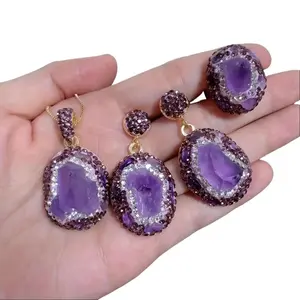 Unique Luxury Amethyst Geode Clay Inlay Jewelry Set Handcrafted Gemstone Necklace Earrings & Set for Women Ideal for Special Occasions or Everyday Wear