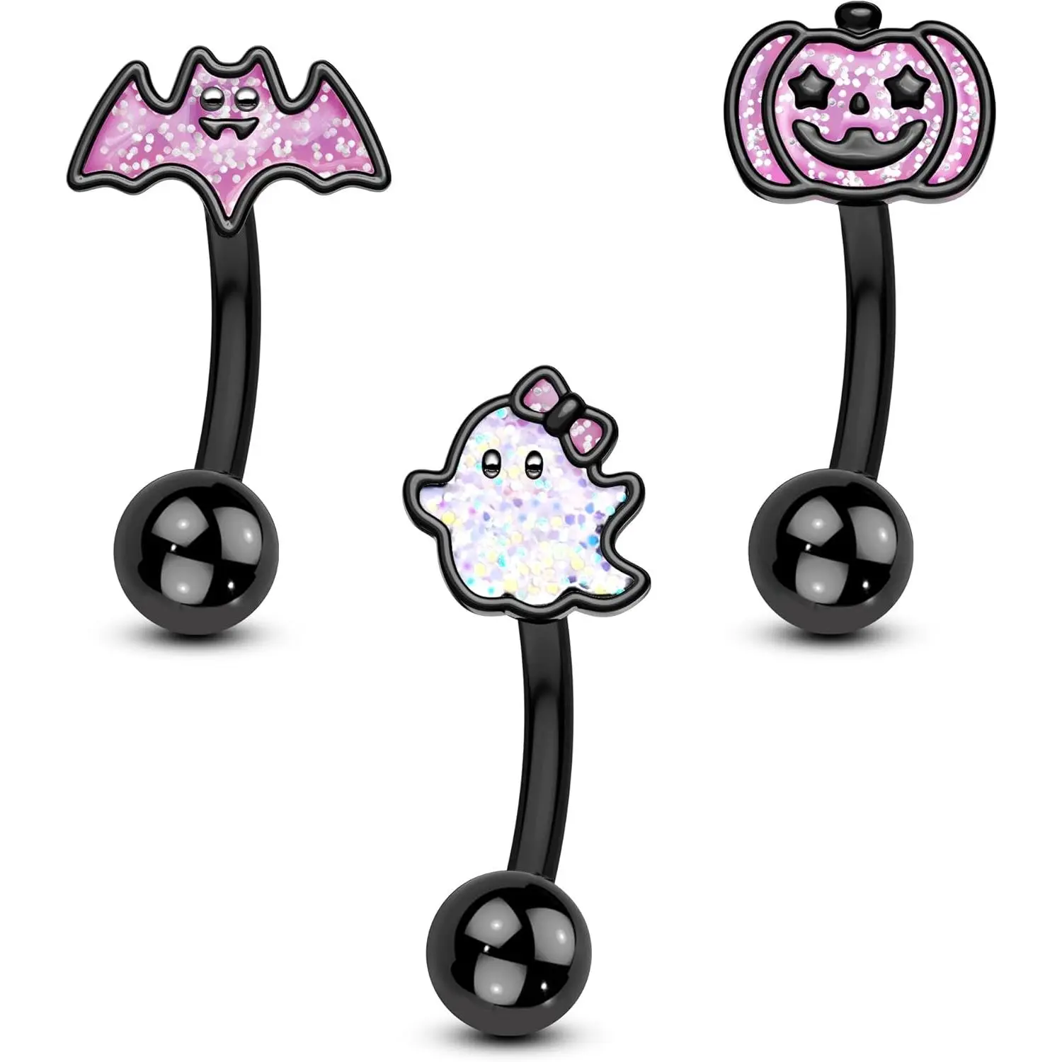 3 count Halloween Rook Earrings 16G Black and  Eyrbrow Rook  Stainless Steel Vertical Labret Stud 8MM Curved Barbell