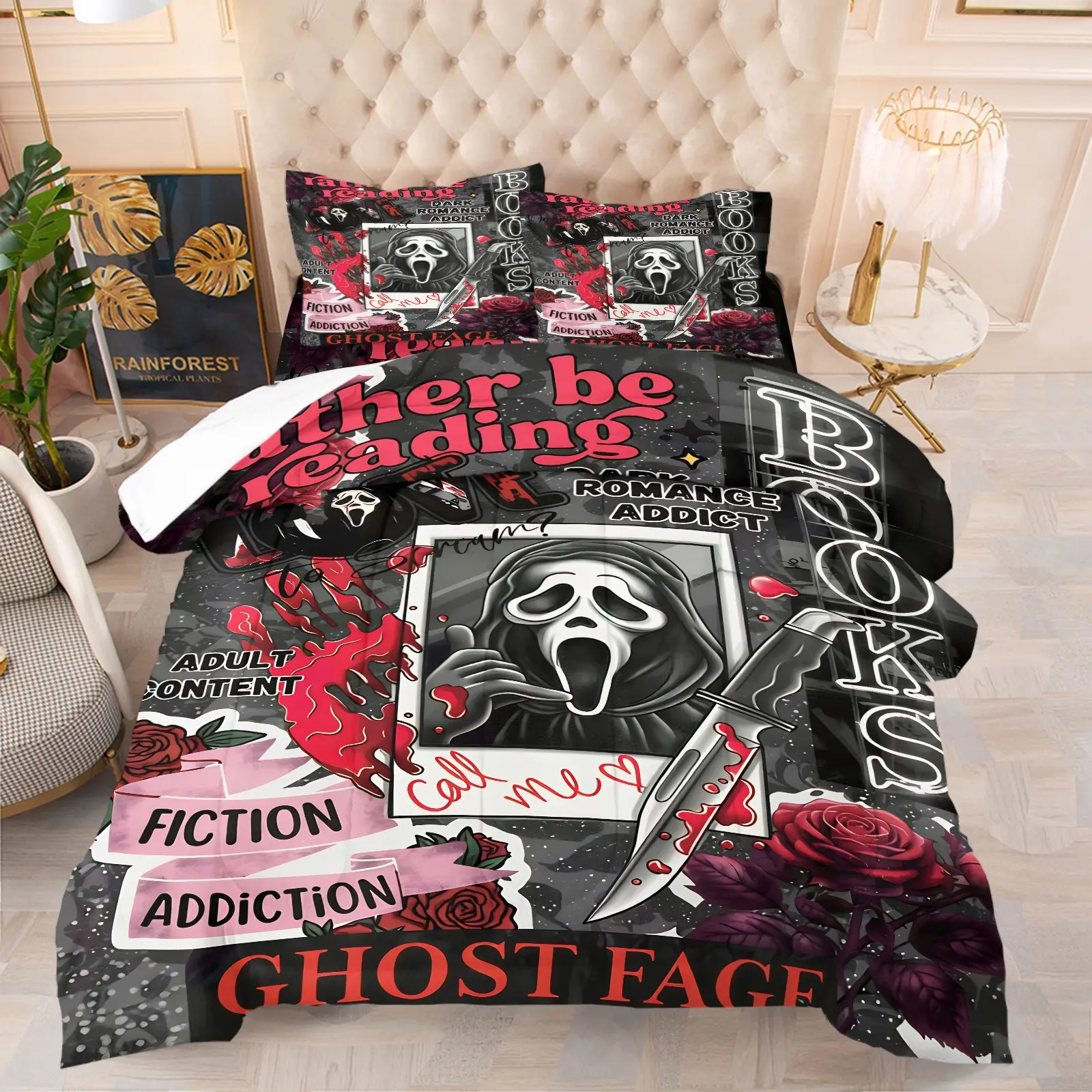 Ghost Face Horror Quilted Comforter Set, Quilted Bedspread Set, Includes One Quilt and 1/2 Pillowcases, Gothic Warm Bedding for Dark Romance Novel Lovers, Perfect for Horror Enthusiasts