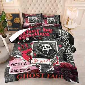 Ghost Face Horror Quilted Comforter Set, Includes One Quilt and 1/2 Pillowcases, Gothic Warm Bedding for Dark Romance Novel Lovers, Perfect for Horror Enthusiasts