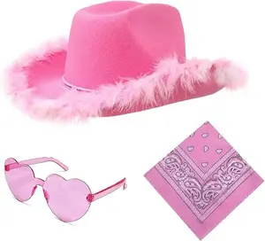 Pink Cowboy Hats for Women Bachelorette Party Set with Heart Sunglasses Bandanas Masks and Pink Feathers Hand Washable