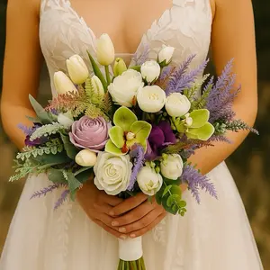Lavender & Cream Artificial Bridal Bouquet – Faux Roses, Tulips & Eucalyptus – Romantic Spring Wedding Flowers