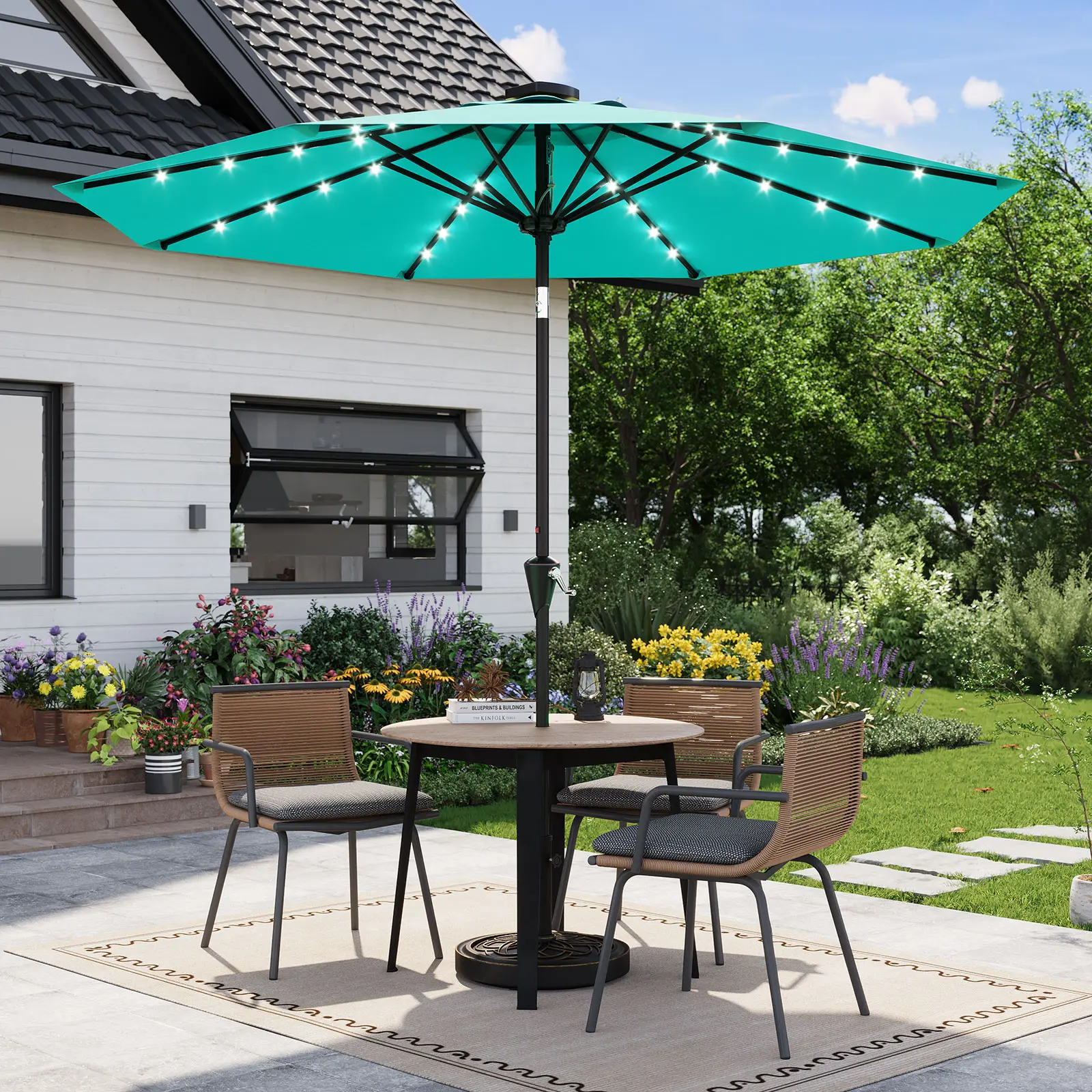 Garvee 10 ft Solar Patio Umbrella with 32 Solar Lights, 8 Sturdy Ribs, Outdoor Market Umbrella with Crank Lift & Tilt, UV-Resistant Canopy for Pool, Garden & Backyard