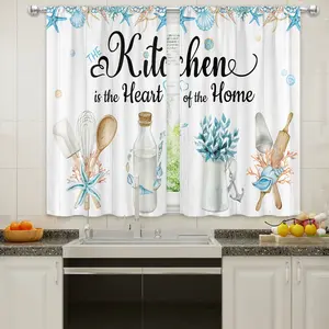 Teal Beach Kitchen Curtains Seashell Starfish Ocean Sea Coral Rustic Plant Leaves Country Funny Quotes Rod Pocket Wooden Board Bedroom Living Room Fabric 2 Panels 27.5Wx39H Inch ruffle boho space