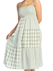 Patchwork Gingham Tiered Smocked Midi Dress in Green and White Check Pattern