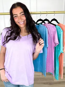 Zenana Basic Without Warning Cotton Short Sleeve Top - Multiple Colors, Mineral-Washed V-Neck, Soft Stretchy Fabric, Relaxed Oversized Fit, Easy Layering