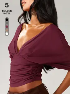 Sexy Deep V Batwing Sleeve Top, One-Shoulder Versatile Design, Waist Side Pleats for Slimming Effect, Retro Vintage Style for Comfortable Look