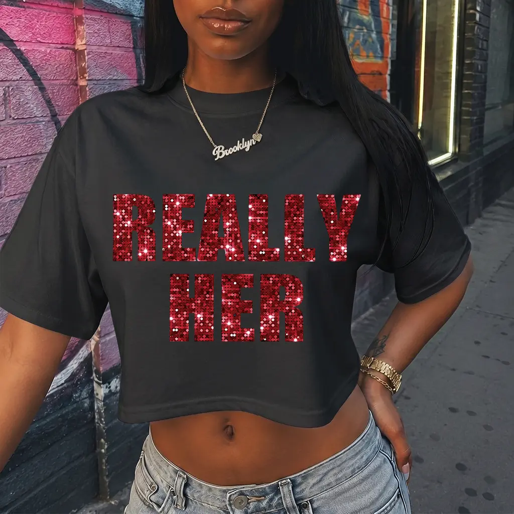 Really Her Glitter Letter Graphic Crew Neck Cropped T-Shirt, Short Sleeve Y2K Streetwear Casual Crop Top, Available In 4  & 7 Unique Printed Styles For Going Out Daily Party Outfits Tshirt Crewneck Womenswear Fitted, Round Neck, Pure Cotton