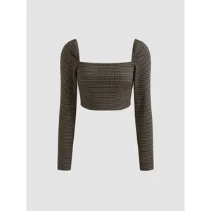 Cider [size 2-10] Square Neck Check Long Sleeve Crop Top