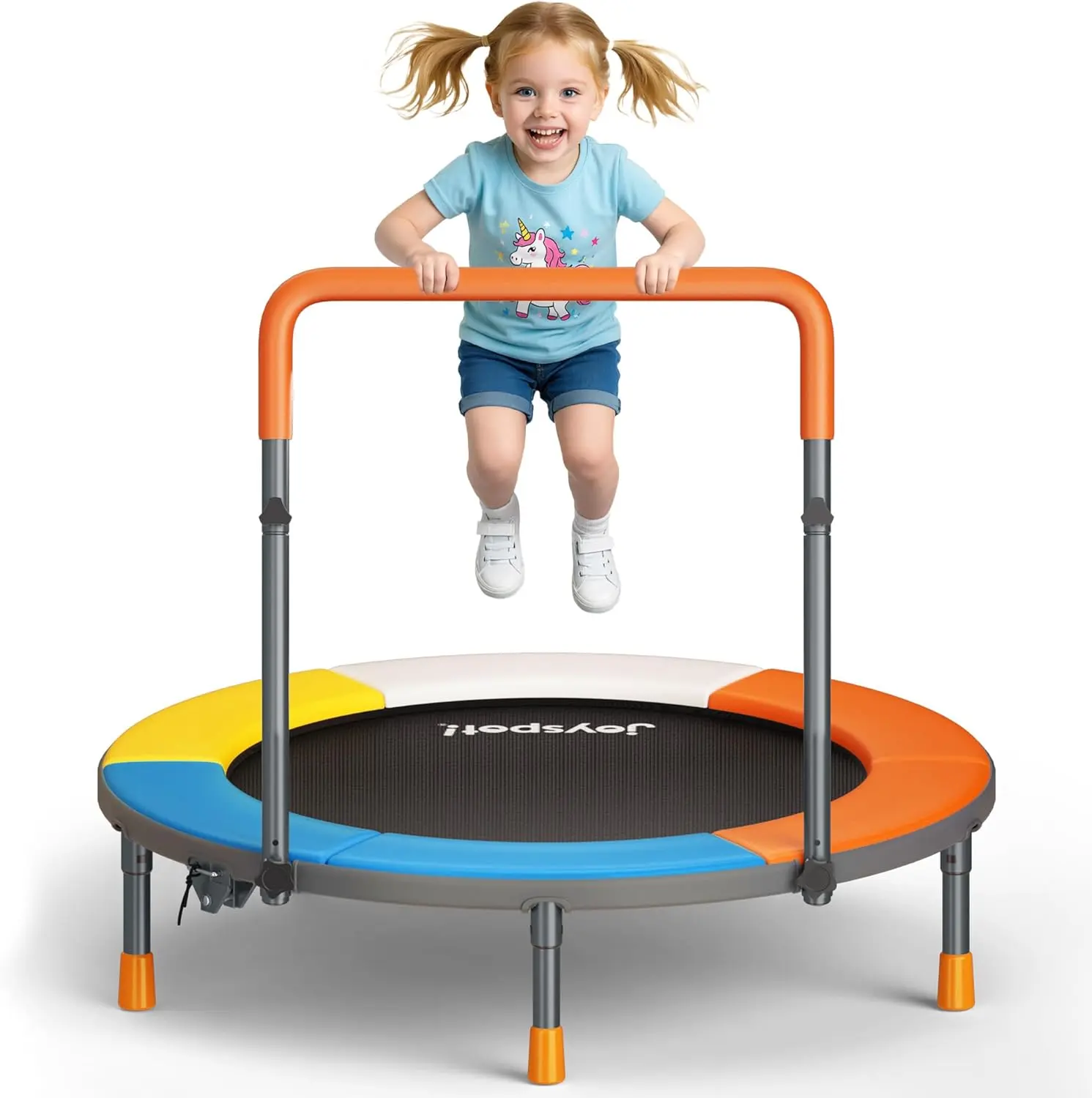 JOY SPOT! 3FT Toddler Trampoline with Adjustable Handlebar, 36" Foldable & Spring-Free, Mini Kids Indoor and Outdoor Fitness Trampoline, Noiseless Jumping Mat, Safe & Sturdy Design, Supports Up to 100 lbs  For Children Ages 1-6 Bounce