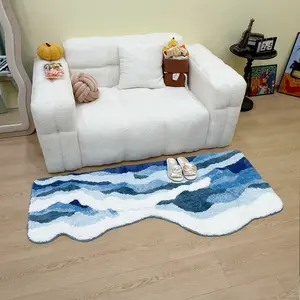 Sea Waves Pattern Fluffy Tufted Floor Mat – Suitable for Living Room/Bedroom/Sofa Area, Soft Skin-Friendly Non-Slip Rug with Decorative Wave Edge & Eco-Friendly Material, Cozy Home Decor Accessory