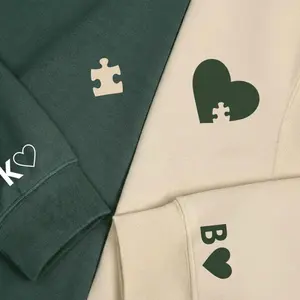 Custom Couple Sweatshirt, Heart and Puzzle Piece Hoodies, Initial With Heart On Sleeve, Couples TShirt for Anniversary Gift, Valentines Gift 2