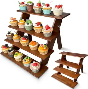 Rustic 4-Tier Cupcake Stand – Solid Acacia Wood, Reusable Wooden Cupcake Holder for Wedding, Party Desserts, Baby Shower, Buffet – Tiered Display for Muffins, Donuts, Crafts & Plants