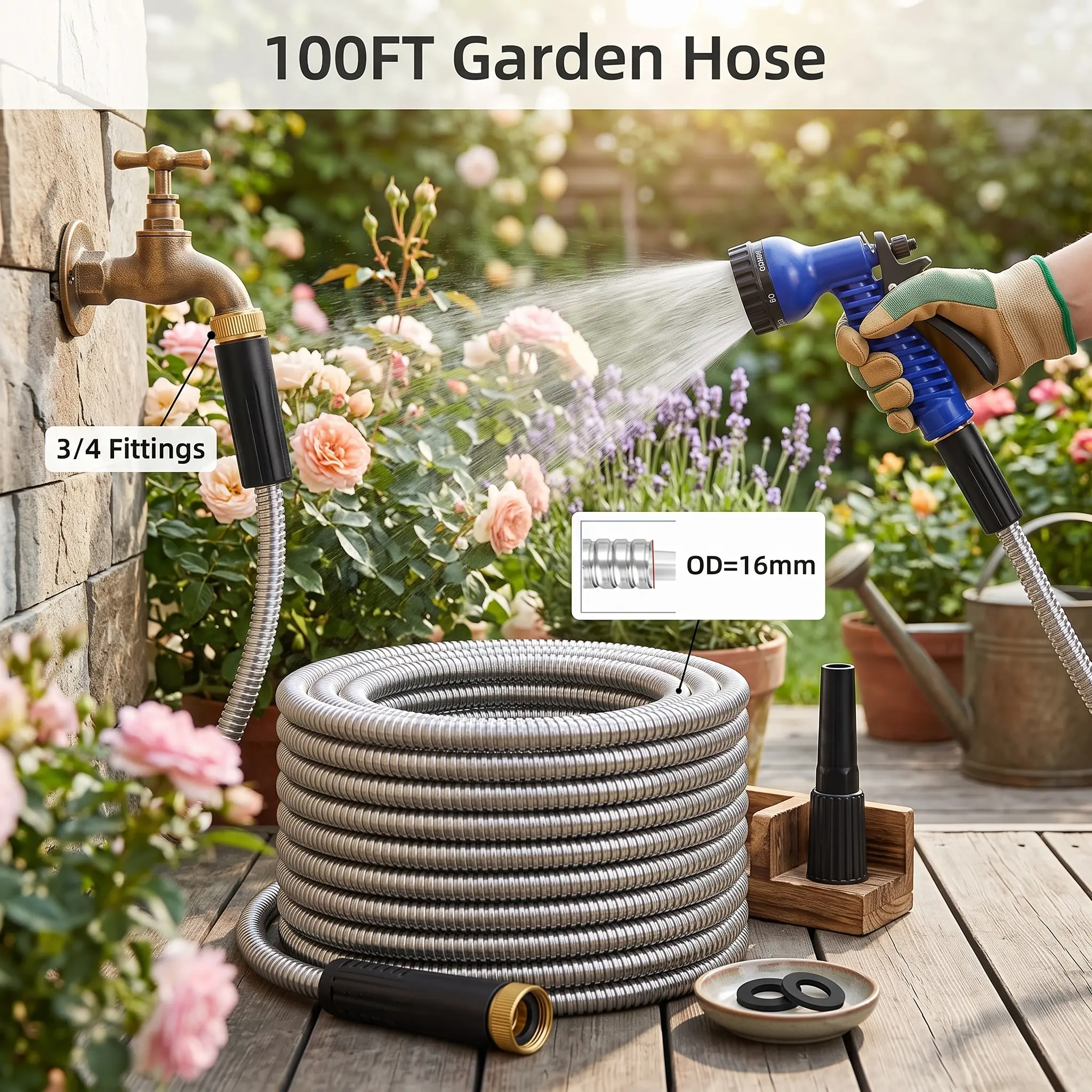 Nw 8Lbs 25FT/50FT/100Ft Stainless Steel Garden Hose Heavy Duty Flexible Durable with multi-function Nozzle No Kinks Tangles Leak Proof Rubber Washer Watering For Garden