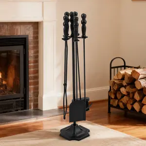 5 Pcs Fireplace Tools Set with Stand, 32” Heavy Duty Fire Pit Accessories for Indoor Fireplace & Outdoor Campfire, Heat-Resistant Wrought Iron Poker Shovel Brush Tongs
