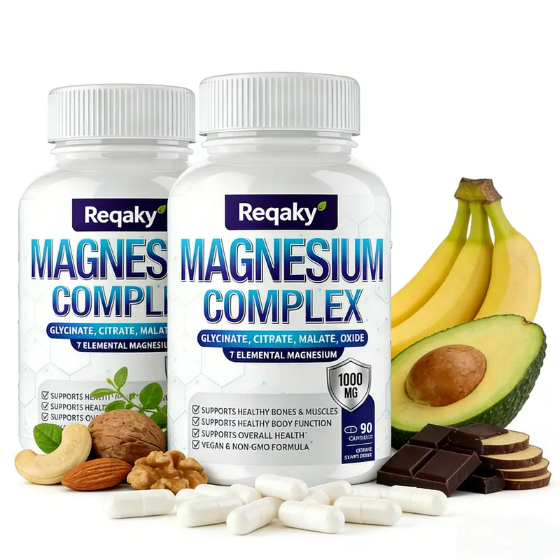 Reqaky Magnesium Complex Mineral Supplements 1000mg 90 Capsules - 7 Elemental Full Spectrum Mag, Chelated Magnesium for Gentle Use, GMO Free, Supports Bone Health, Muscles & Overall Wellness Dietary Supplement