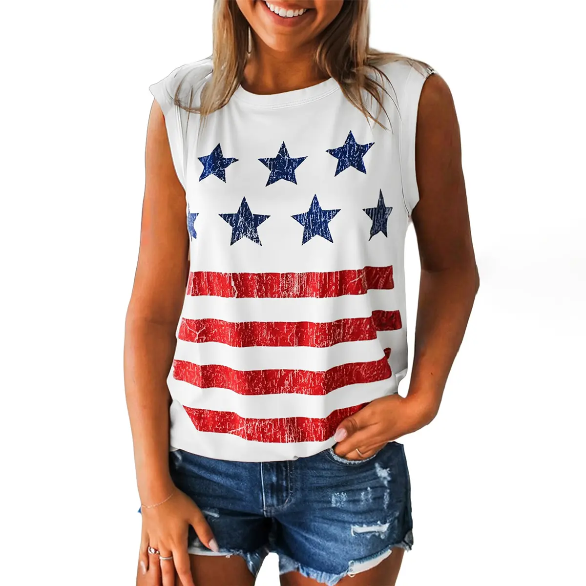 Znacicc Women's 4th of july American Summer White Vintage Stars & Stripes Printed Casual Tank Top for July 4th Beach Days Trendy Patriotic Style Sleeveless Womenswear