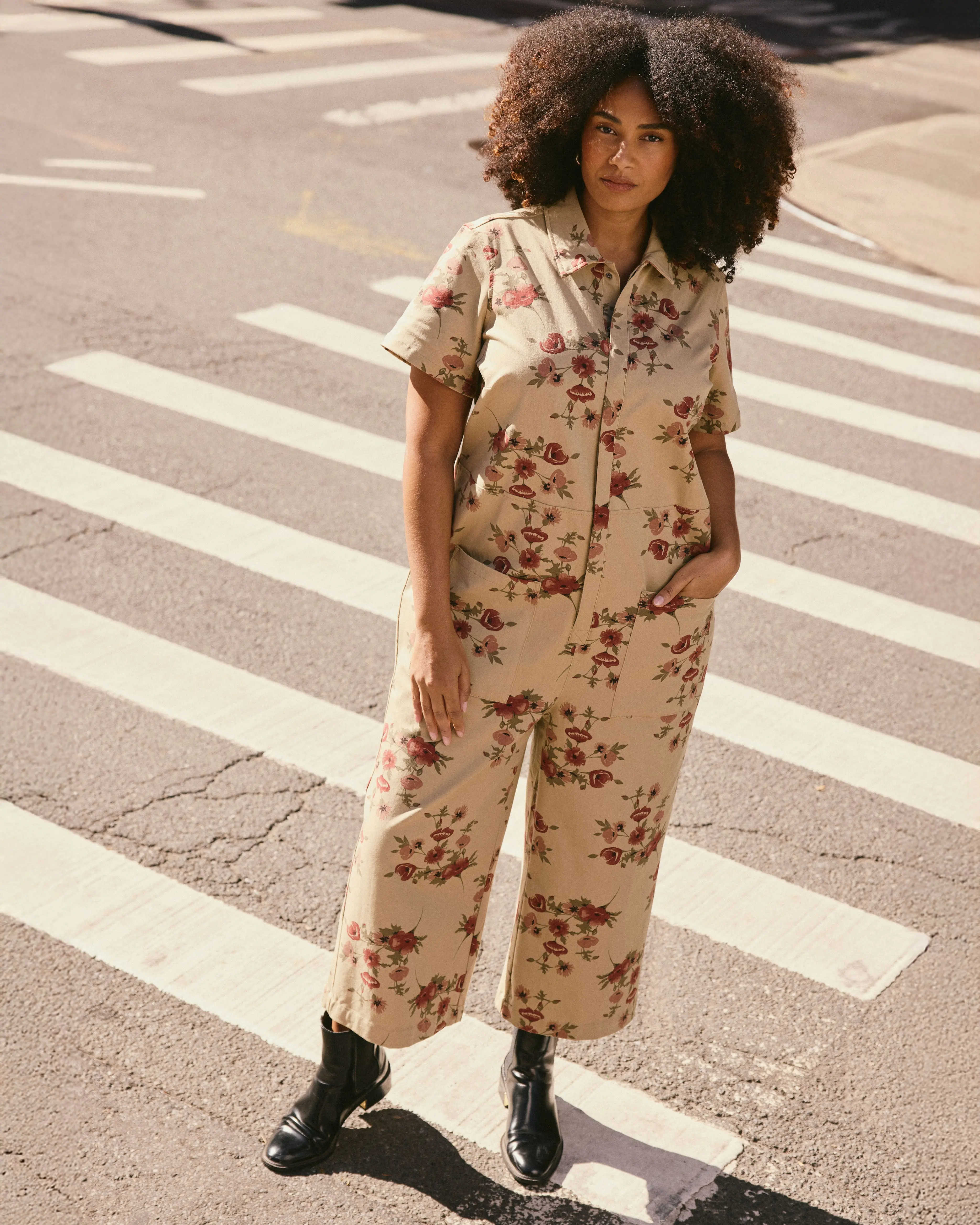 Women's Fitted Elastic Kate Stretch Cotton Twill Overalls - 1-Piece Casual Jumpsuit, Wild Flower Bouquet Floral Print, Functional Pockets, Full Length, Elastic Detail