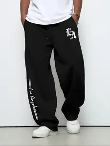 Men's Black Track Pants - LA Letter Combination & Side "Los Angeles" Letter Design, Loose Fit Suitable for Daily Casual Wear, Street Style Outfits, Eye-catching White Prints & Drawstring Waist