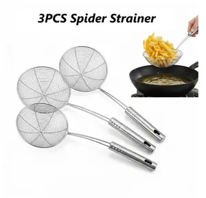 3PCS Spider Strainer Skimmer Ladle Stainless Steel Set of  Kitchen Frying Strainer Spoon for Pasta Noodles Dumplings Seafood Vegetables and Deep Fry Cooking, Heat Resistant Long Handle, Dishwasher Safe Metallic