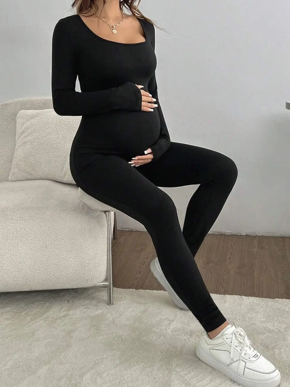Maternity Long Sleeve Jumpsuit, Stretchy Fitted Romper for Comfortable Pregnancy Loungewear