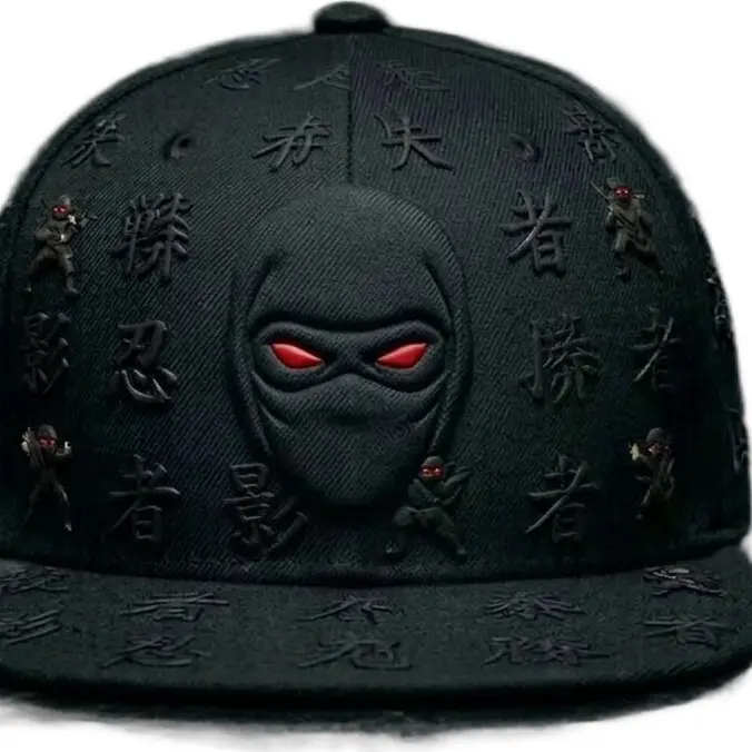 Dark Ninja Snapback Hat with Red Eyes and Kanji Embroidery for Urban Style