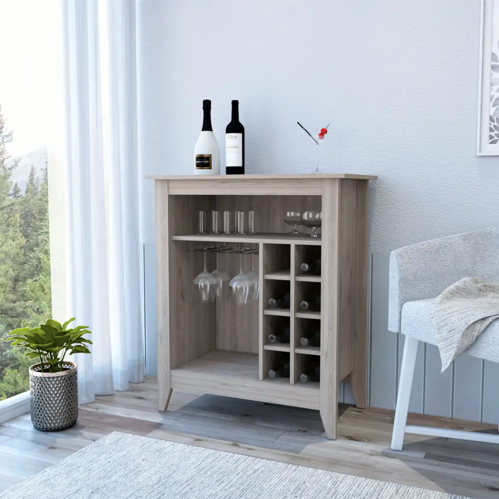 Dreamzon Modern 38"H Light Gray Bar Coffee Cart - Indoor Kitchen & Living Room Storage Cabinet with 8 Bottle Racks, 1 Cup Holder, and Central Glass Storage Shelf