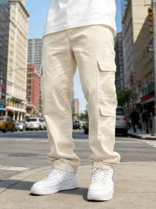 SRETOUU Men’s Solid Multi-Pocket Loose Beige Cargo Straight Jeans Classic Khaki Street Style Men Casual Denim Pants Streetwear Menswear