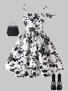 Girls Floral Print Ruffle Detail Strap Dress, Fashionable Lightweight Comfort, Stylish and Elegant Design, Perfect for Daily Wear