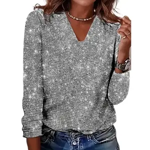 Elegant V-Neck Long Sleeve T-Shirt for Women, 100% Polyester Knit Fabric, Solid Color with Sequin Detail, Skinny Fit, Regular Length - All Seasons