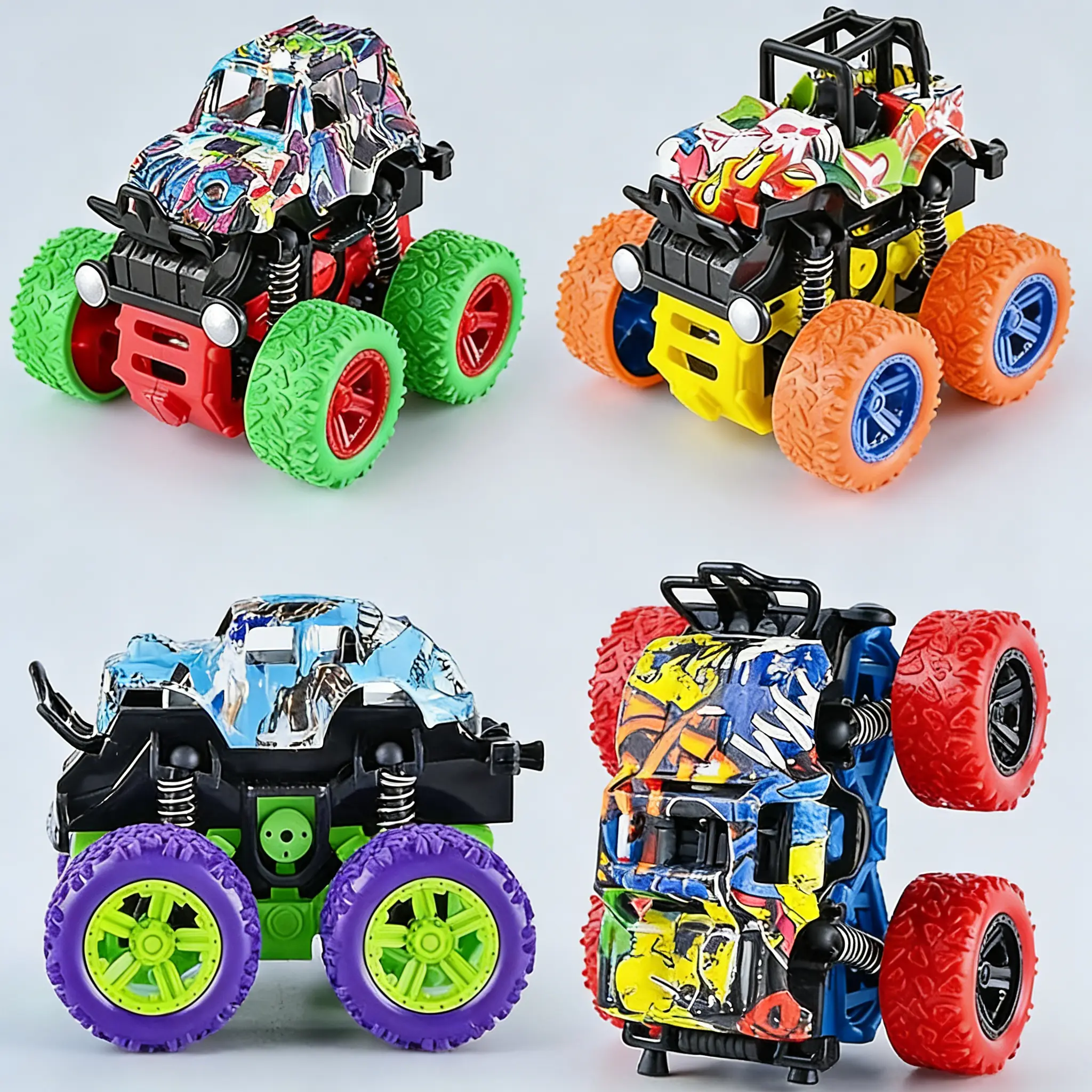 Unisex Monster Truck Toys, 4-Pack Friction-Powered Push-and-Go Cars with Shock-Absorbing Springs, Double-Direction Inertia Pull-Back Vehicles, 360° Rotating Stunts, Halloween/Birthday Gifts for 4-6 Years Kids, Shock Absorbers, Children’s Day