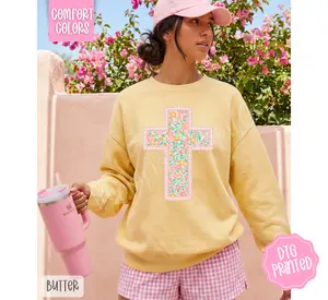 Floral Cross Comfort Colors Sweatshirt, Trendy Women's Religious Crewneck