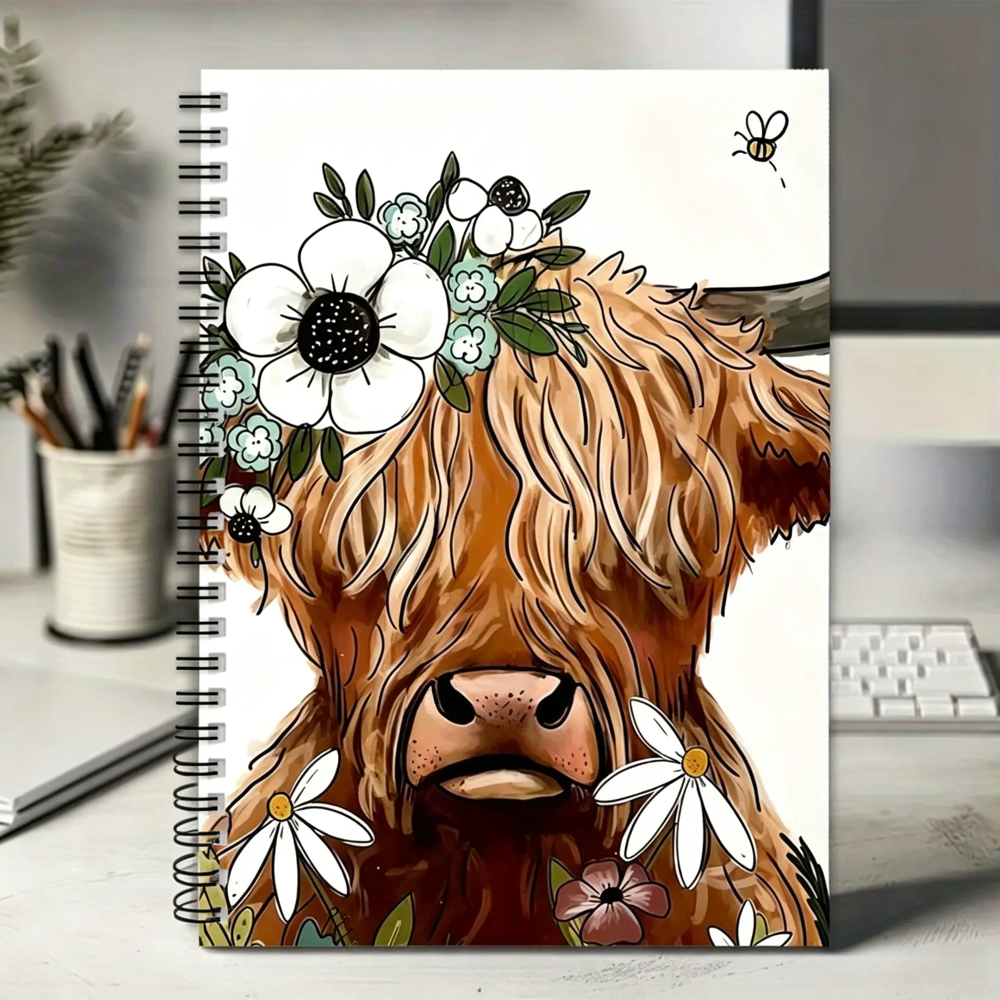 1pc Stylish Notebook for Daily Use - Kawaii Whimsical Aesthetic Highland Cow & Floral Cover, 100-Page Office Stationery for Note-Taking, Aesthetic School Supplies