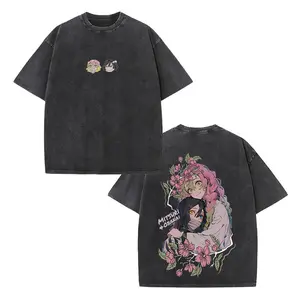 Obanai x Mitsuri Demon Slayer Retro Washed Anime Duo Tee, Snake & Love Hashira Graphic, Heavy Cotton Oversized Drop Shoulder Dress, Y2K Gothic Vintage Streetwear, Ideal for Concert, Halloween & Soulja Style, Casual, Top