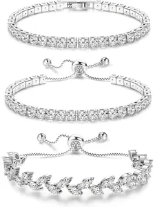 Tennis Bracelets For Women - Silver Plated Bracelet Stack Cubic Zirconia CZ Diamond Adjustable Stackable Bracelets Set For Prom Wedding Jewelry Gift 3Pcs