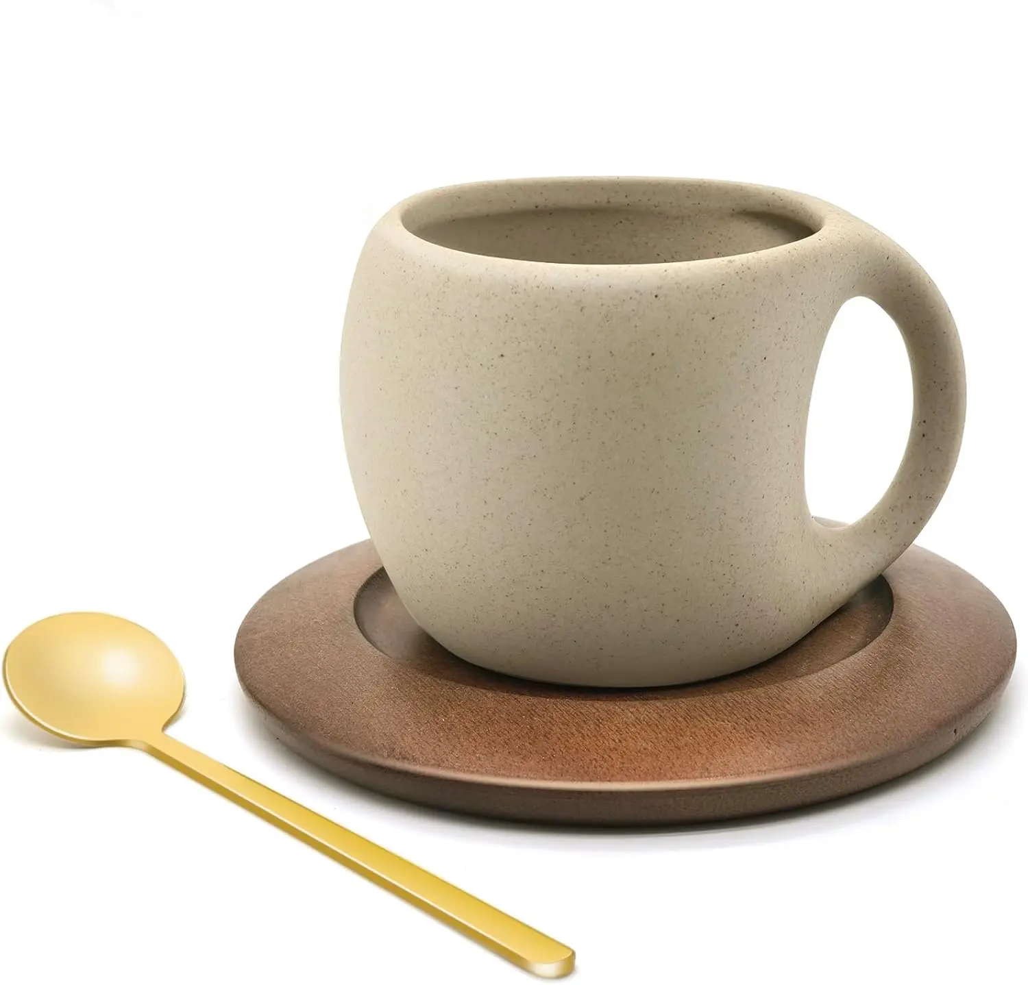 Stylish Retro Ceramic Coffee Mug Set with Natural Wooden Saucer & Stainless Steel Spoon - 8.5 Oz Elegant Cups, Microwave & Dishwasher Safe, Ideal for Latte, Hot Tea, Birthday Christmas Gifts for Adults