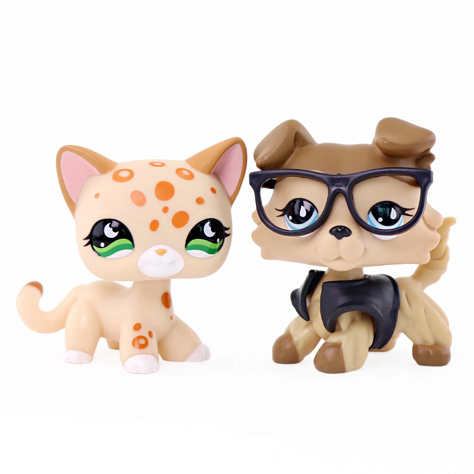2 Pcs Mini Pet Figure Set, Cartoon Spotted Cat & Puppy Dog Toys with Glasses Vest Accessories, Collectible Small Animal Figurines, Kids Birthday Gift Desktop Cake Topper Decor