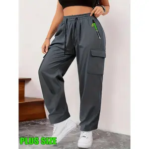 Large women's multi pocket zipper workwear casual sports pants Drawstring elastic waist breathable outdoor hiking straight leg pants Fat mm loose slimming workwear style fitness running pants