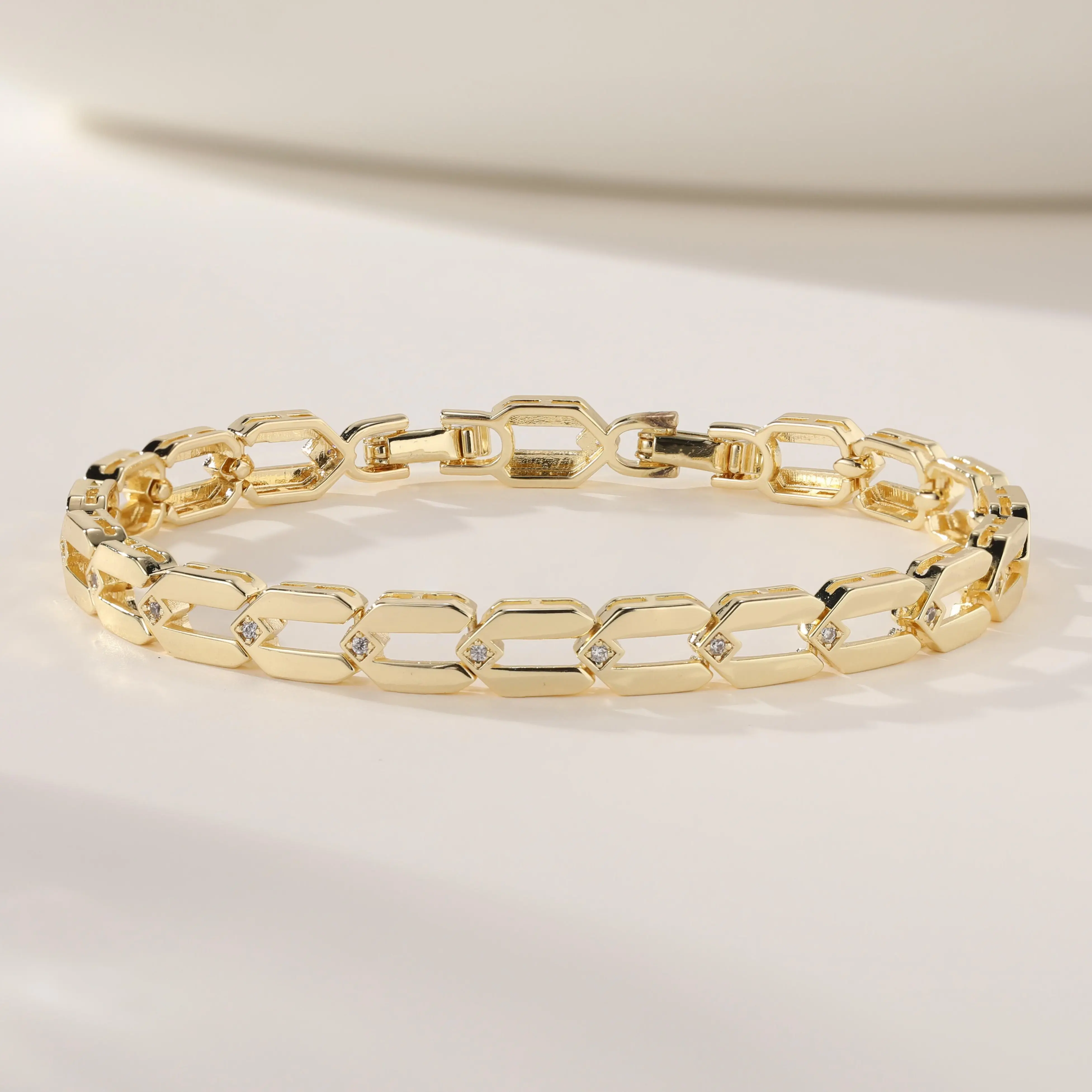 14K Gold Plated Paperclip Link Bracelet for Women, Dainty Hollow Paper Clip Chain Bracelet with Tiny Cubic Zirconia, Hypoallergenic Stackable Fashion Jewelry Gift for Her