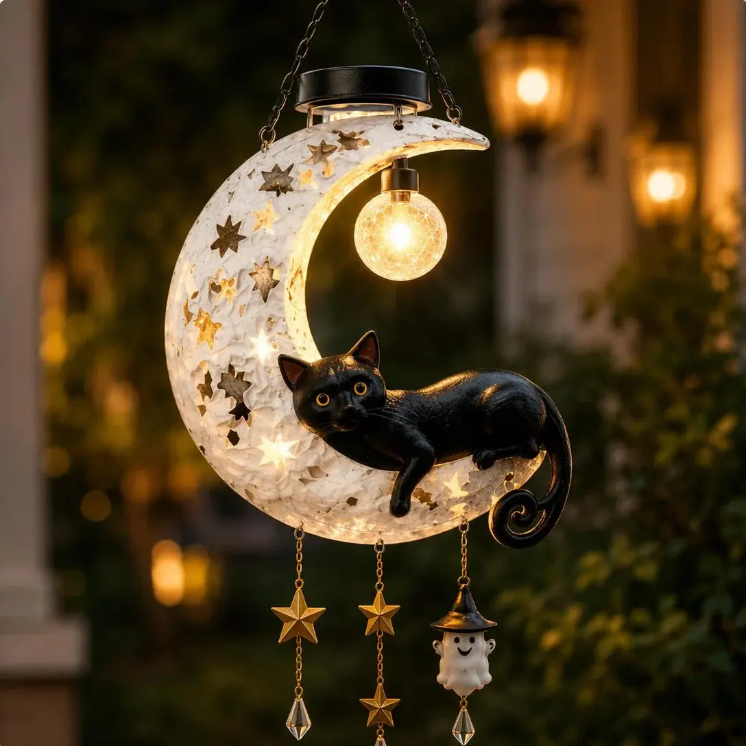 Hanging Moon Cat Lamp Pumpkin Moon Garden Stake Light, Solar Halloween Black Cat & Pumpkin Stake Light, Outdoor Waterproof LED Yard Decoration with Crescent Moon, Hanging Jack-o'-Lantern Lantern  landscape decor light-up holiday night light