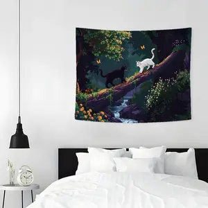 Cat & Forest Pattern Tapestry, 1 Count Aesthetic Wall Hanging Decor, Wall Hanging Decor for Home Living Room Bedroom Office, Flowers, Tree