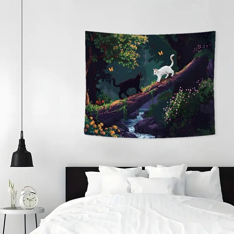 Cat & Forest Pattern Tapestry, 1 Count Aesthetic Wall Hanging Decor, Wall Hanging Decor for Home Living Room Bedroom Office, Flowers, Tree