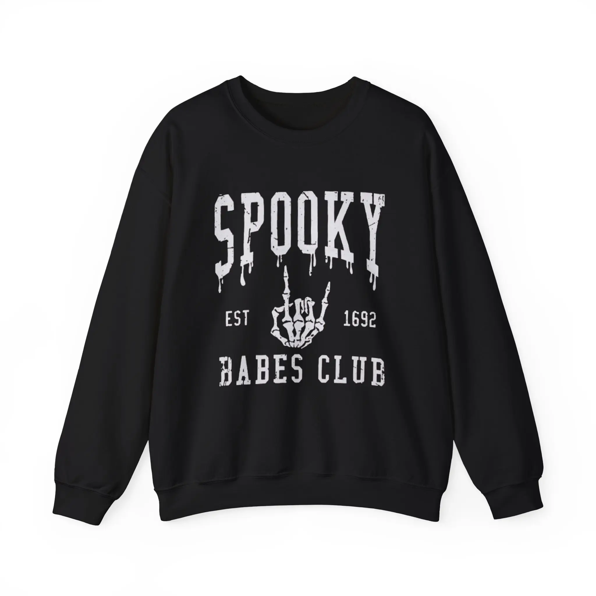 Spooky Babes Club Sweatshirt - Black Fit Crewneck with Skeleton Hand Graphic for Spooky Season Women's Loungewear